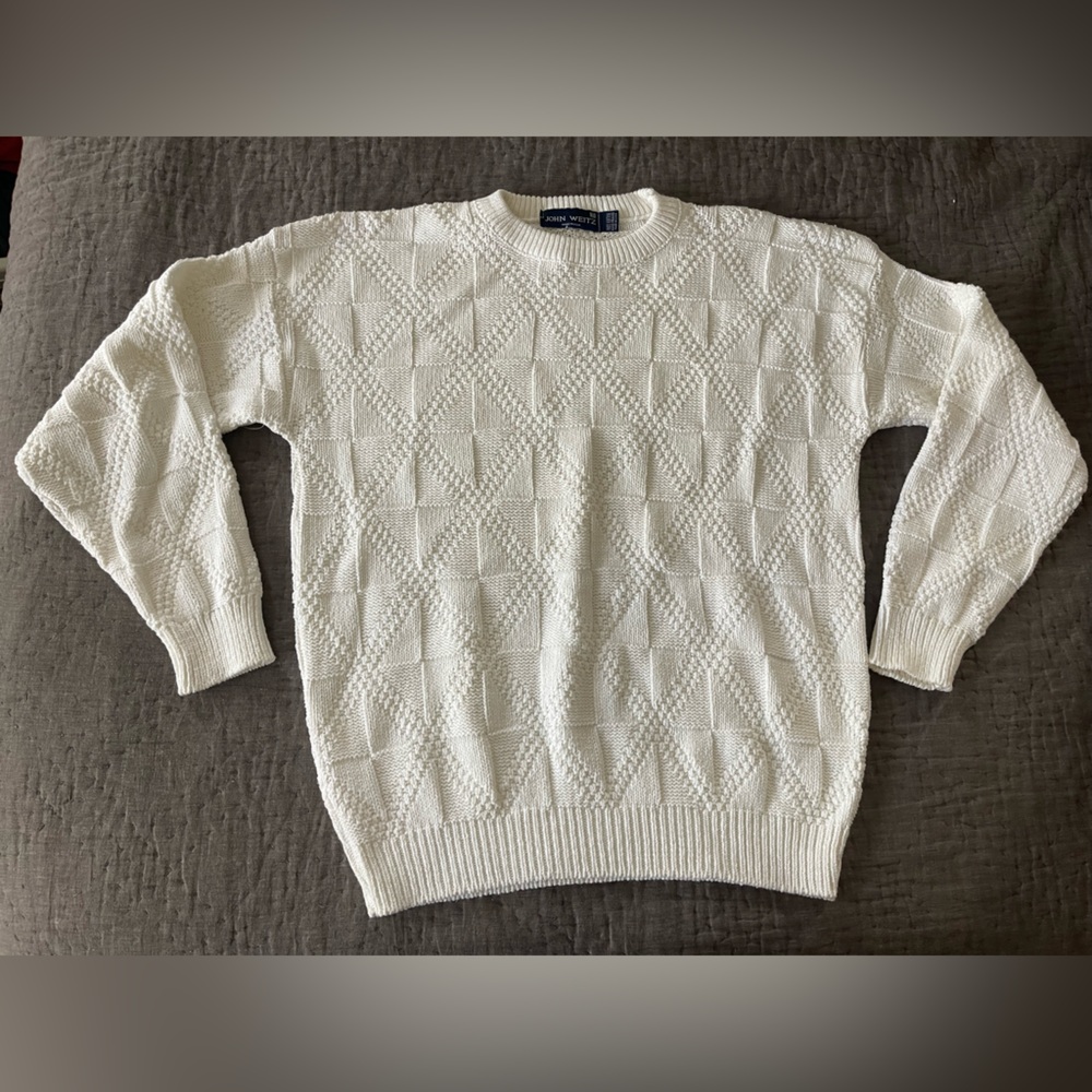 Vintage John Weitz Mens USA Made Ivory Heavy Chunky Cable Knit Sweater XL Cotton